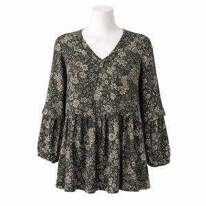 Size L Reitmans Women’s Floral Peplum Blouse Boho V Neck Green Beige Top Shirt